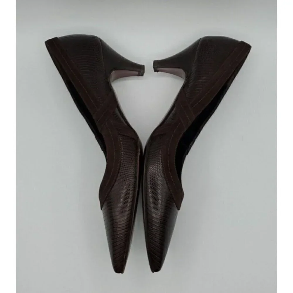 Versani Women's Brown Leather Croc with Suede Trim Heels Size 9.5 B
